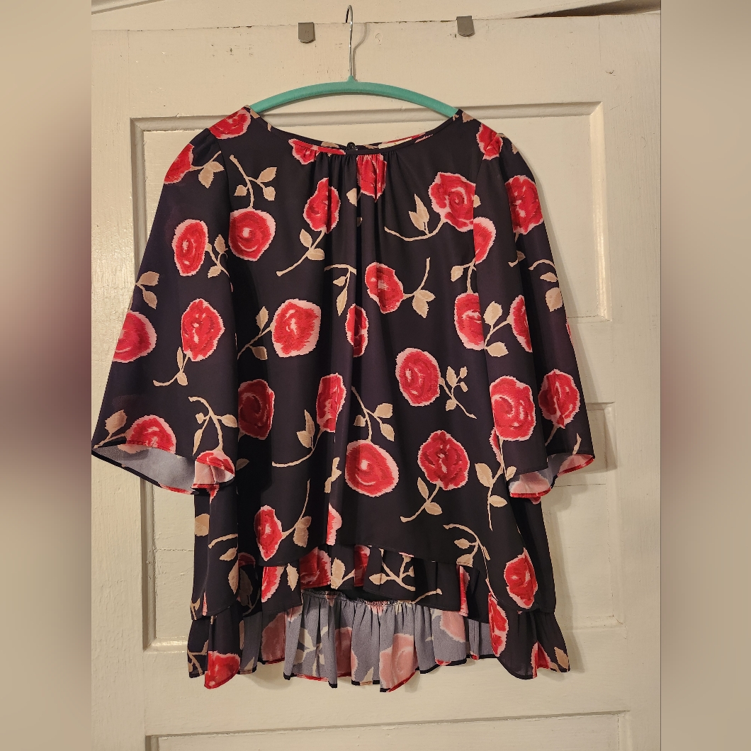 Kate Spade Blouse Hazy Rose Double Layer, Floral Pink, Black, Green Sz Large Euc